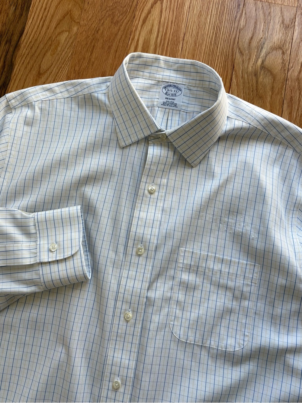 Brooks Brothers Regent White Blue Windowpane Check Dress Shirt 16.5 33 L READ